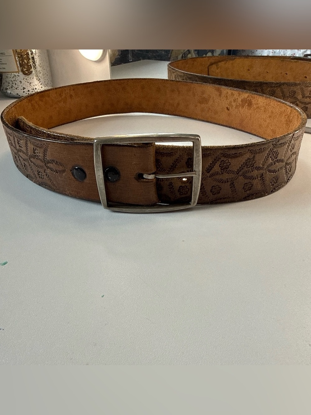 Vintage 70s Boho Hippie Tooled Leather Belt